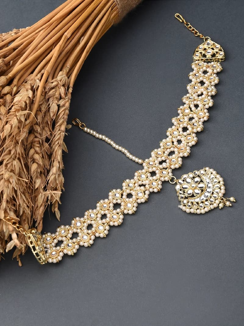 Women's Gold Tone Kundan & Pearls Bridal Matha Patti Style Maangtikka