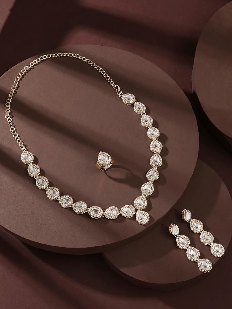 Women's Gold Tone Dazzling Kundan & Austrian Diamond Ethnic Necklace Earring & Ring Set