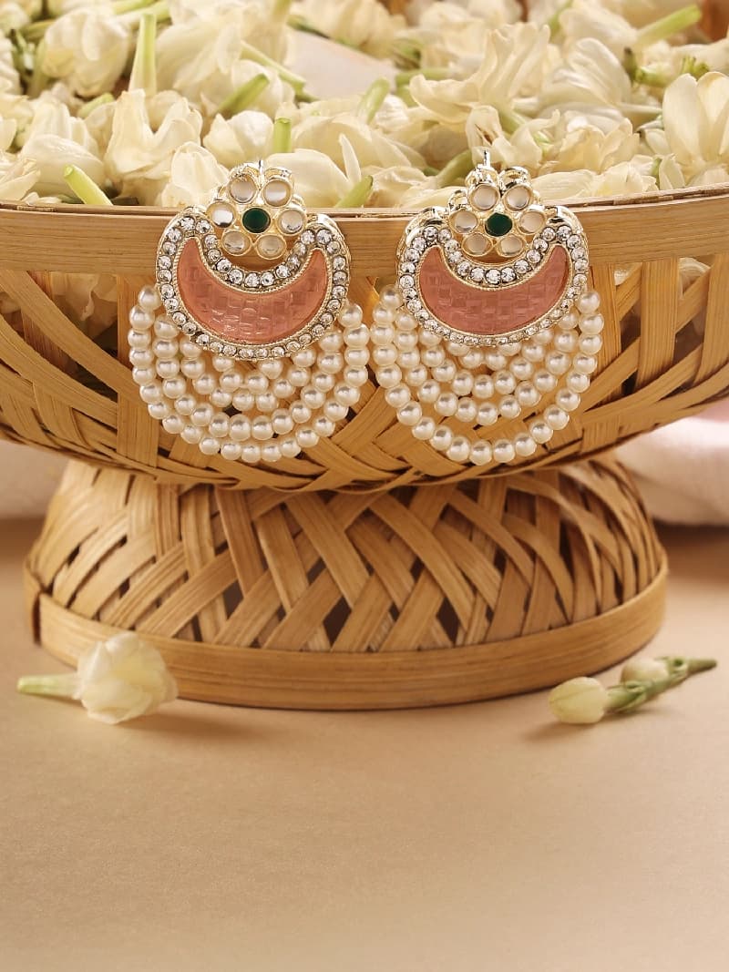 Women's Pink & Green Austrian Diamonds & Pearls Drop Earring