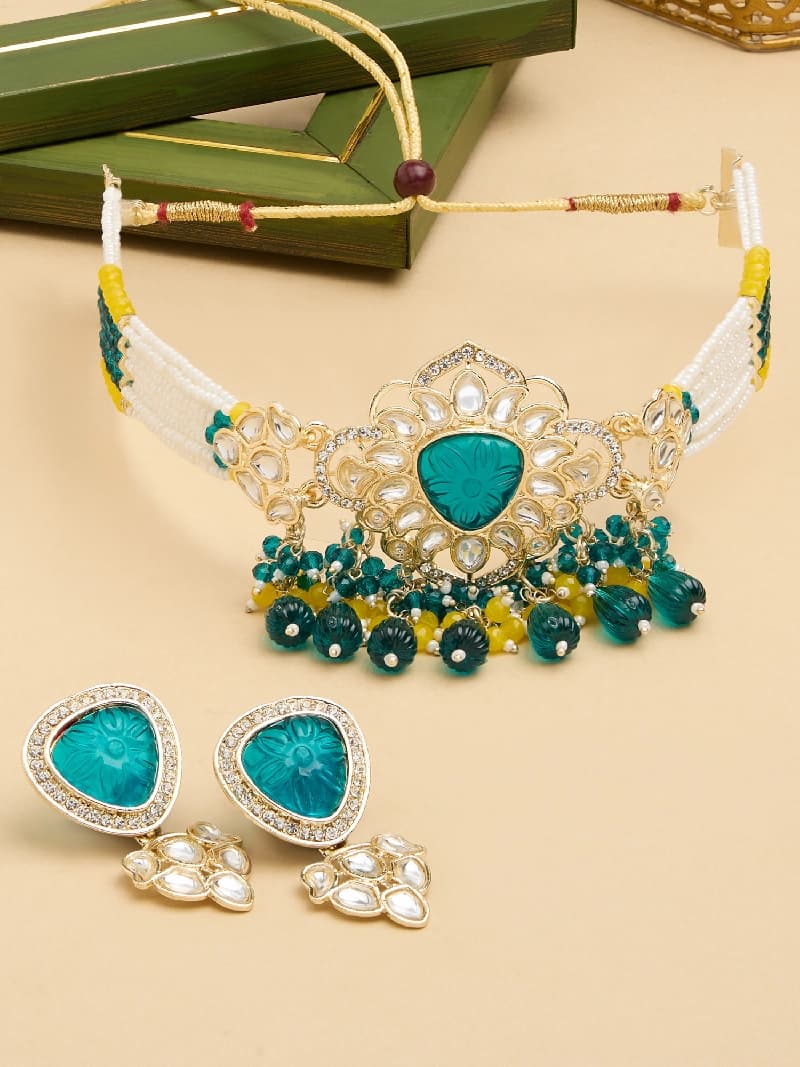 Women's Green & Yellow Multistrand Beaded Kundan Choker Necklace & Earring Set