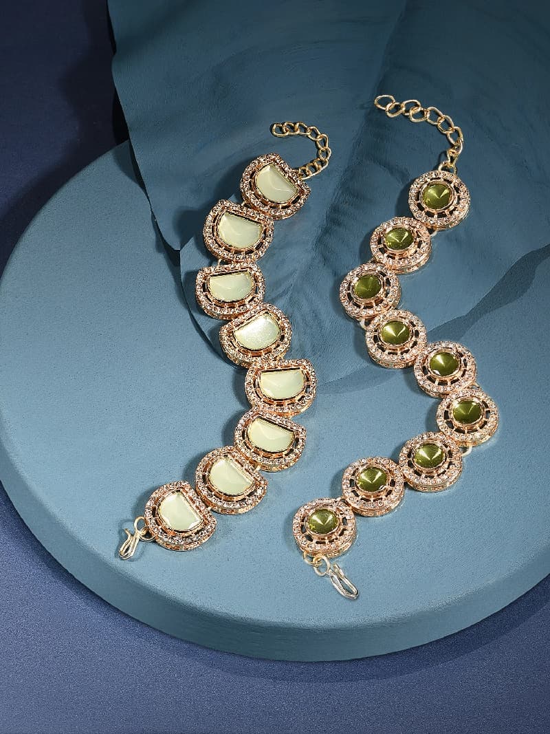 Women's Set of 2 Green Multistrand Artificial Stones & Beads Ethnic Bracelet