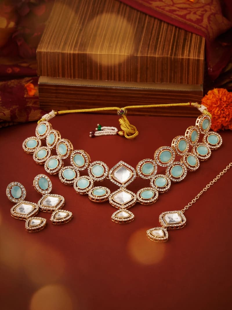 Women's Turquoise Blue Stones Dazzling Austrian Diamonds Choker Necklace Earring & Maangtikka Set