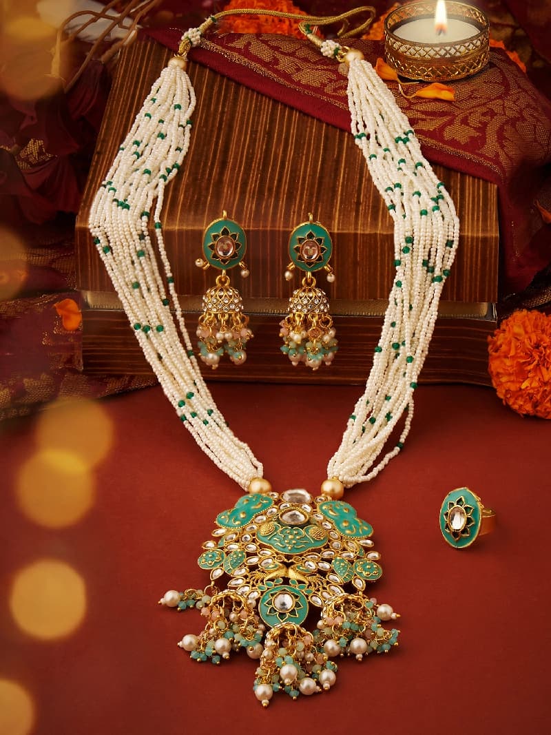 Women's Green Meenakari Multistrand Beaded Bridal Kundan Long Necklace Earring & Ring Set