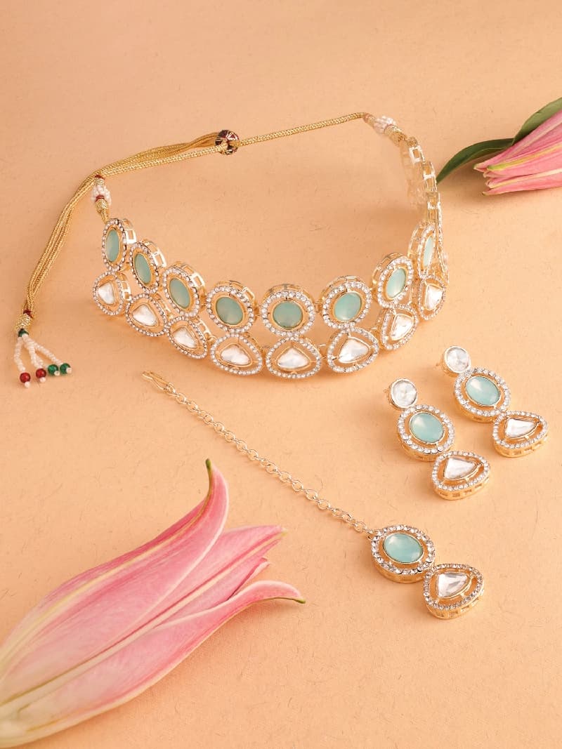 Women's Turquoise Blue Stones & Austrian Diamonds Choker Necklace Earring Maangtikka Set