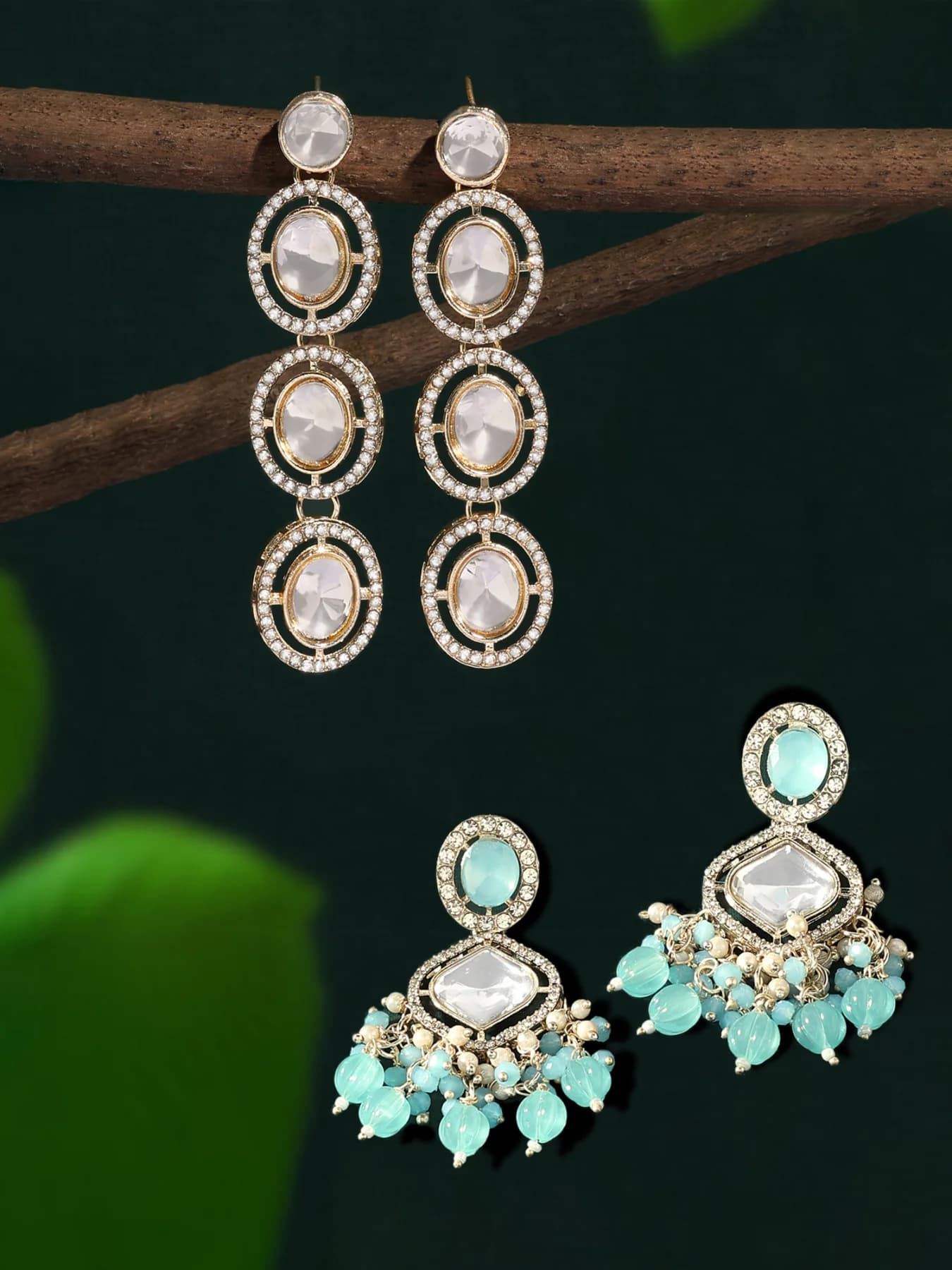 Women's Set of 2 Turquoise Blue Stones Beads Dazzling Austrian Diamonds Dangle & Drop Earrings