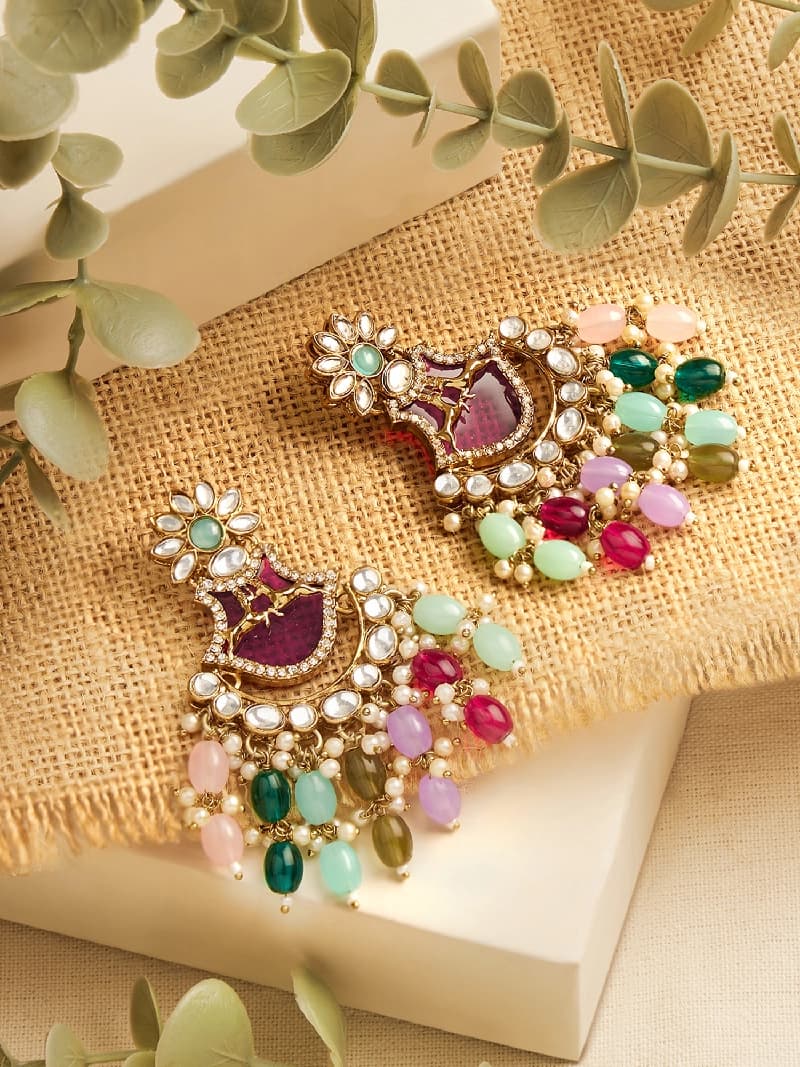 Women's Multicolor Stones Beads Reindeer Design Ethnic Dangle Earring