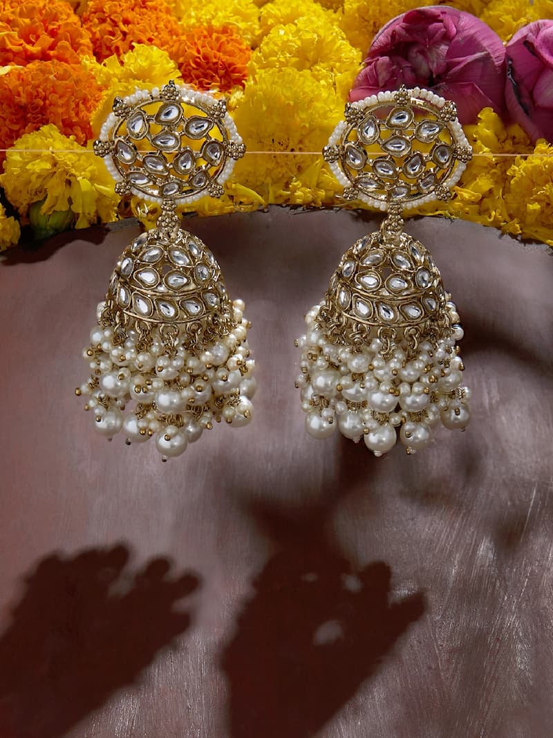 Women's Antique Gold Tone Kundan Cluster Pearls Jhumka Earring