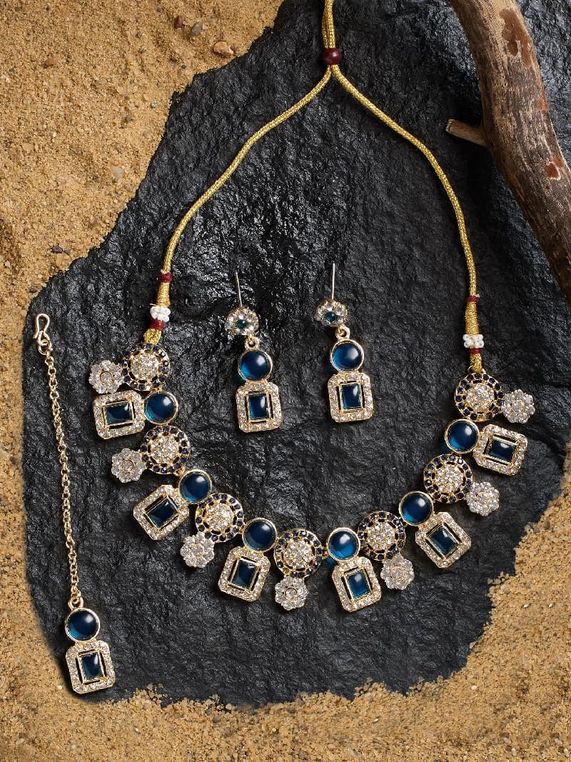 Women's Blue Stones Dazzling Austrian Diamonds Choker Necklace Earring & Maangtikka Set
