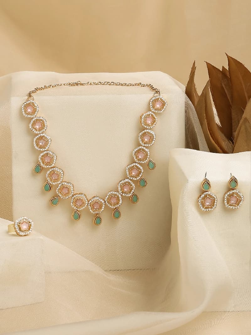 Women's Pink Green Stones Floral Design Ethnic Necklace Earring & Ring Set