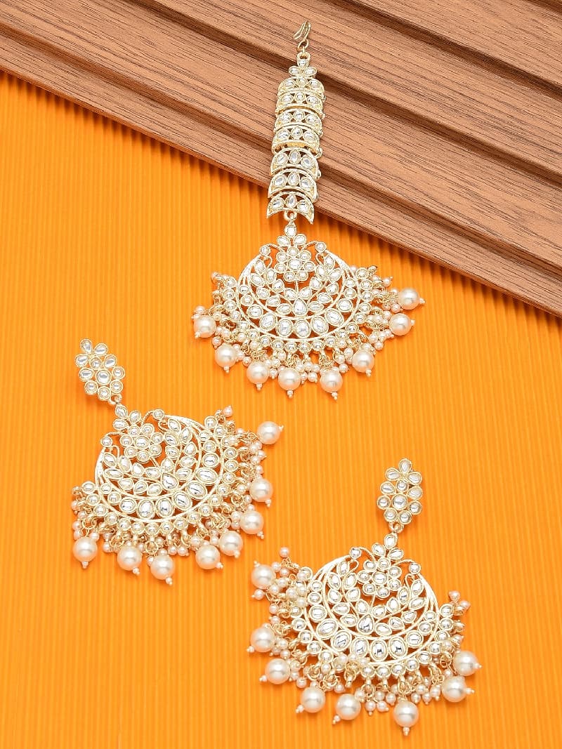 Women's Gold Tone Casual Kundan Pearls Drop Earring & Maangtikka Set