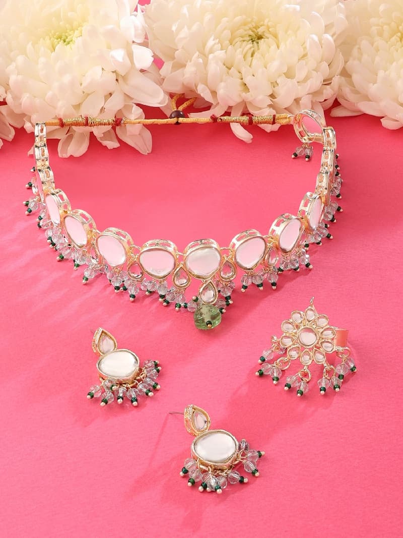 Women's Turquoise & Green Beads Drop Kundan Choker Necklace Earring & Ring Set