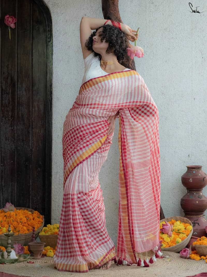 Women's Off White Festive Cotton Saree Without Blouse Piece