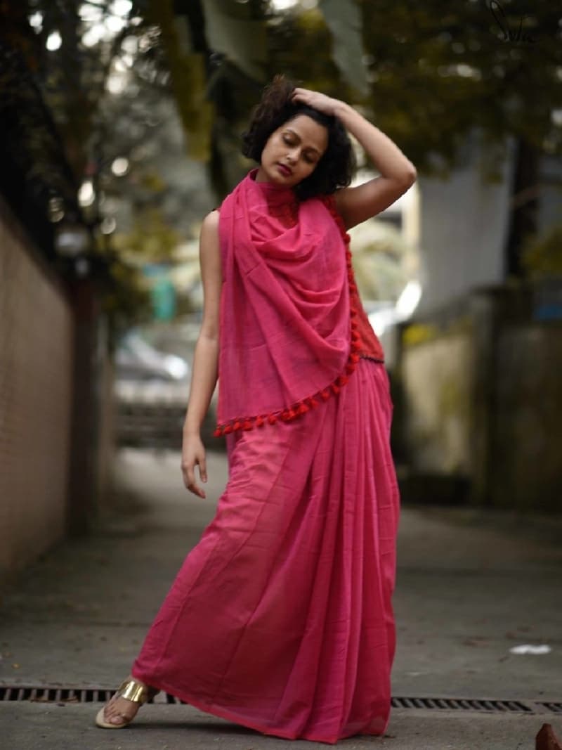 Women's Pink Festive Mul Cotton Saree Without Blouse Piece