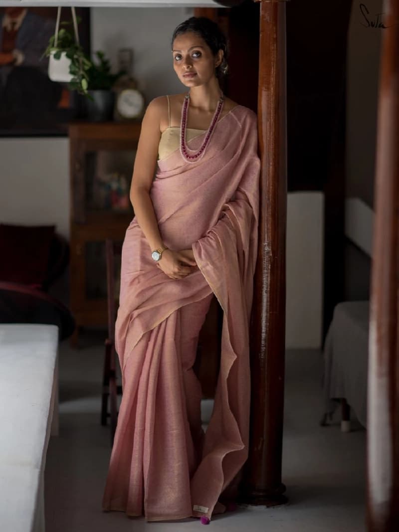 Women's Pink Festive Cotton Saree Without Blouse Piece