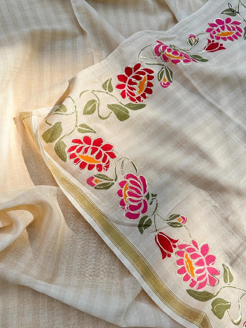 Women's Off White Festive Cotton Viscose Saree Without Blouse Piece