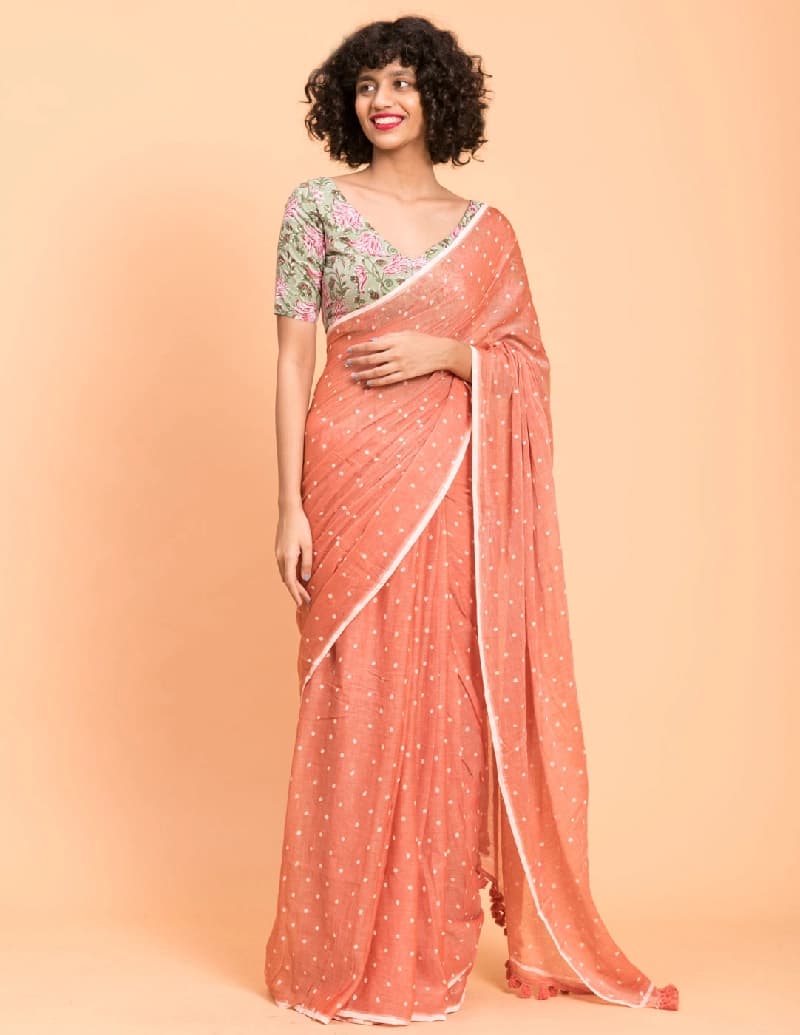 Women's Orange Festive Mul Cotton Saree Without Blouse Piece
