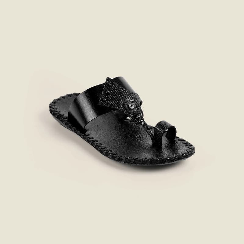 Men's Black Casual Leather Round Toe Kolhapuri Chappal