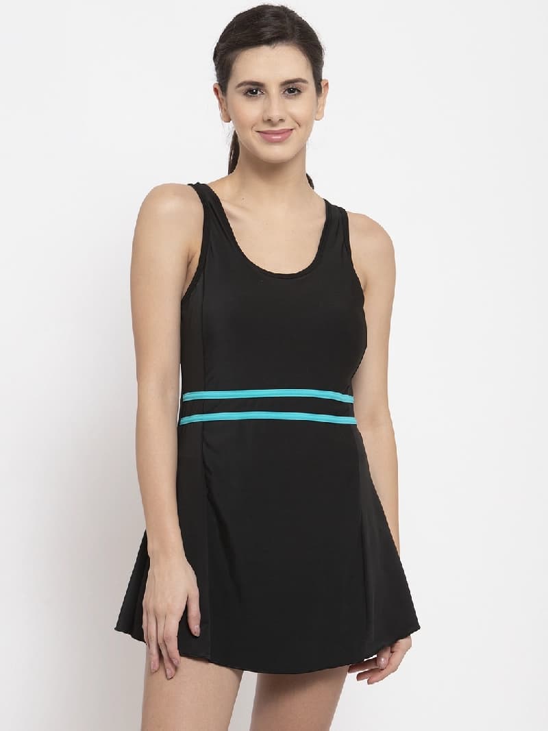 Women's Essential Wear Black Padded Sea Green Striped Swimming Dress