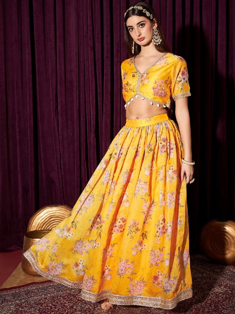 Women's Floral Printed Gotta Patti Ready To Wear Lehenga & Choli