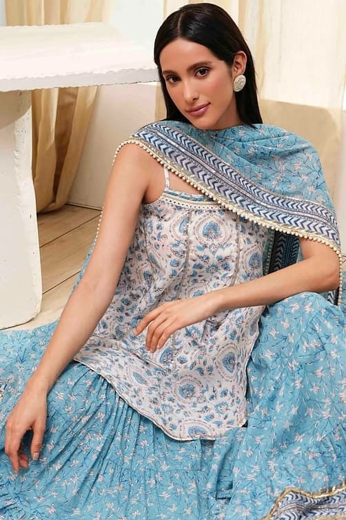 Women's Blue Festive Printed Sleeveless Sharara Set