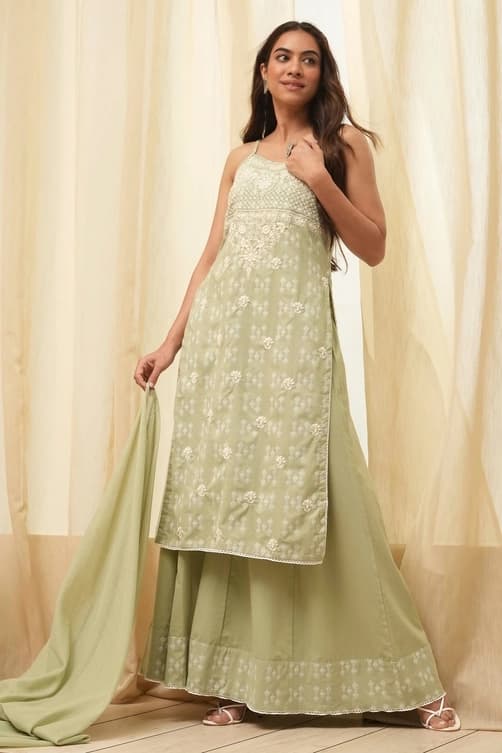 Women's Green Festive Embroidered Sleeveless Kurta Set