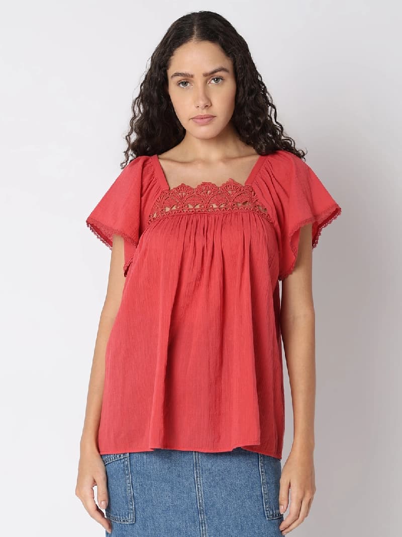 Women's Red Casual Solid Regular Fit Top