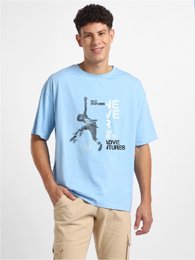 Men's Blue Casual Solid Oversized Fit Tshirt