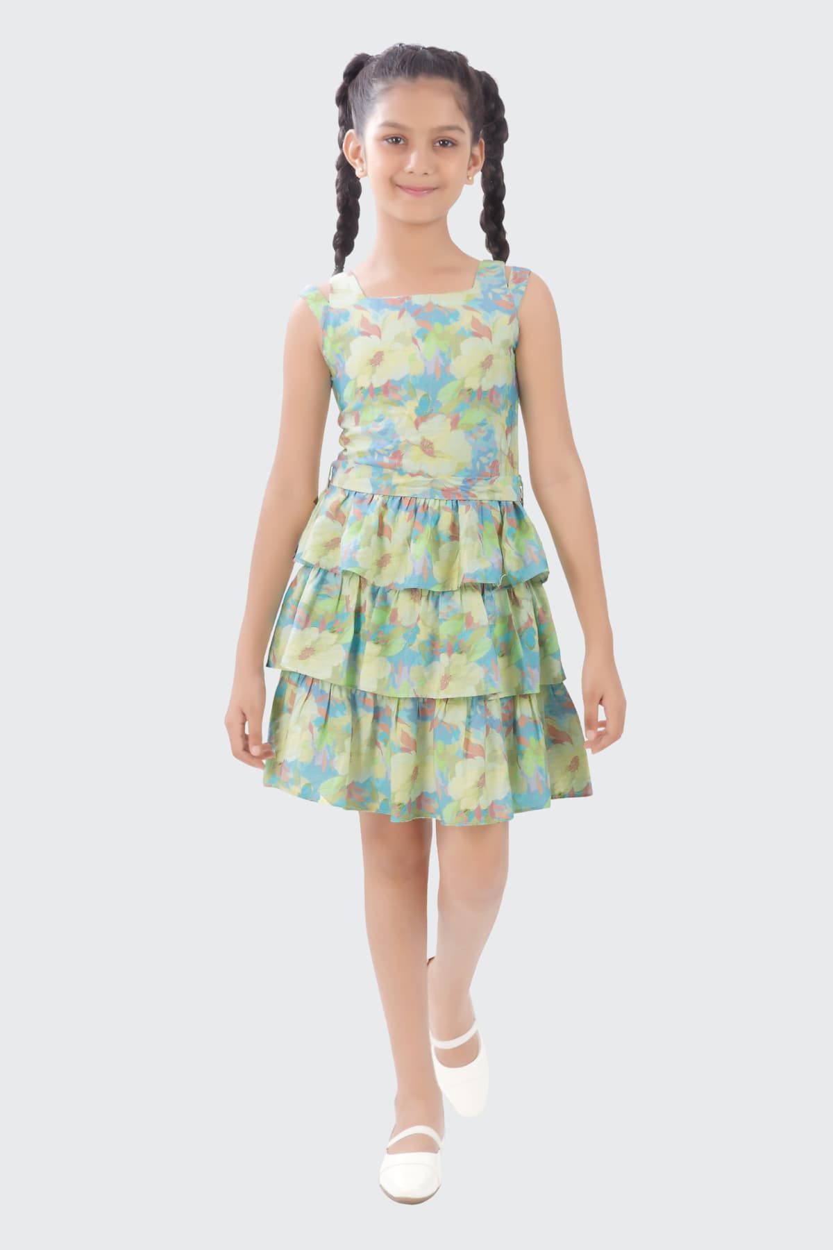 Girls Green Party Sleeveless Fit & Flared Dress