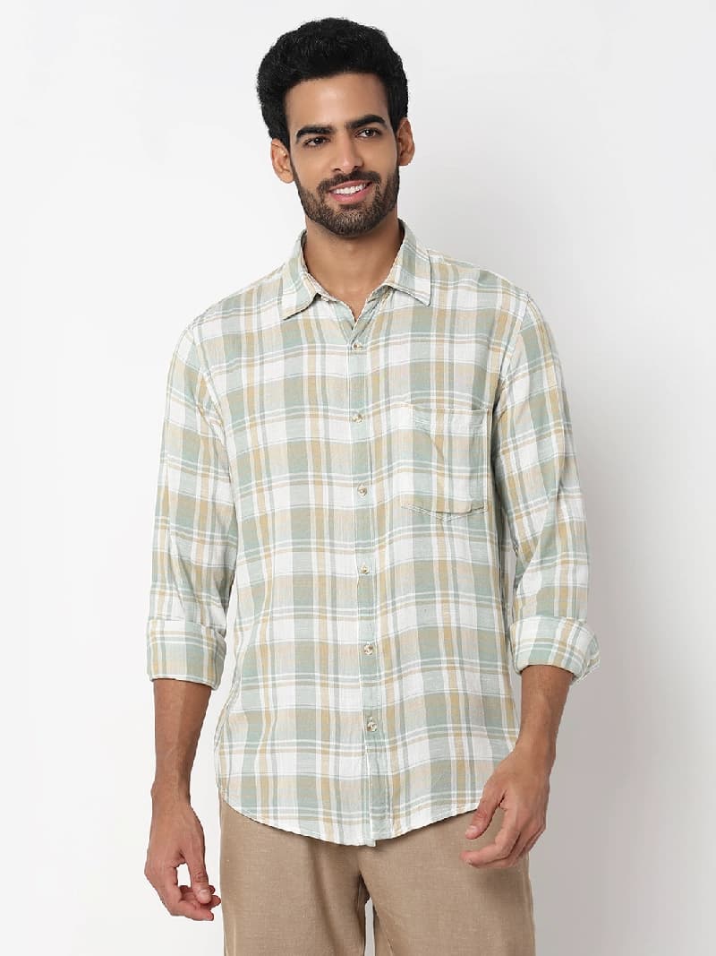 Men's Green Casual Checked Slim Fit Shirt