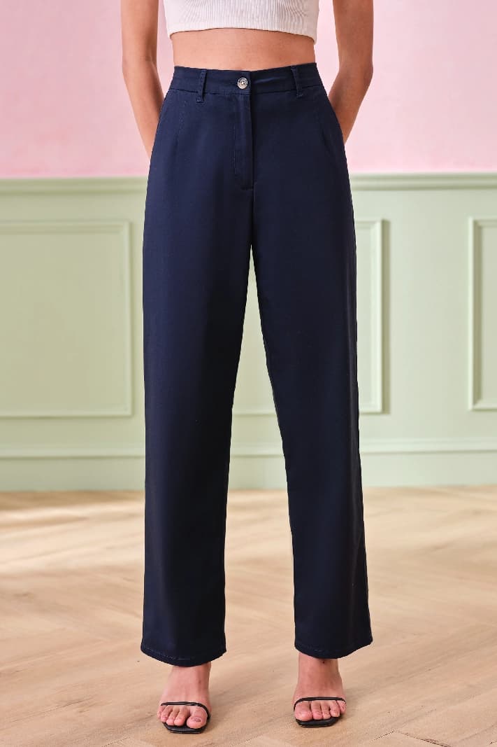 Women's Navy Formal Solid Straight Fit Trouser