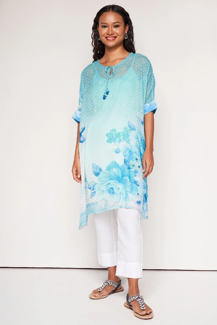 Women's Blue Casual Floral Regular Fit Kurta
