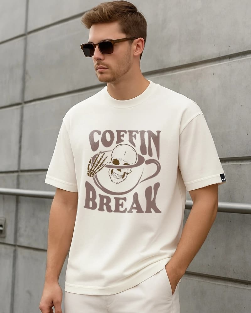 Men's Beige Casual Graphic Oversized Fit Tshirt