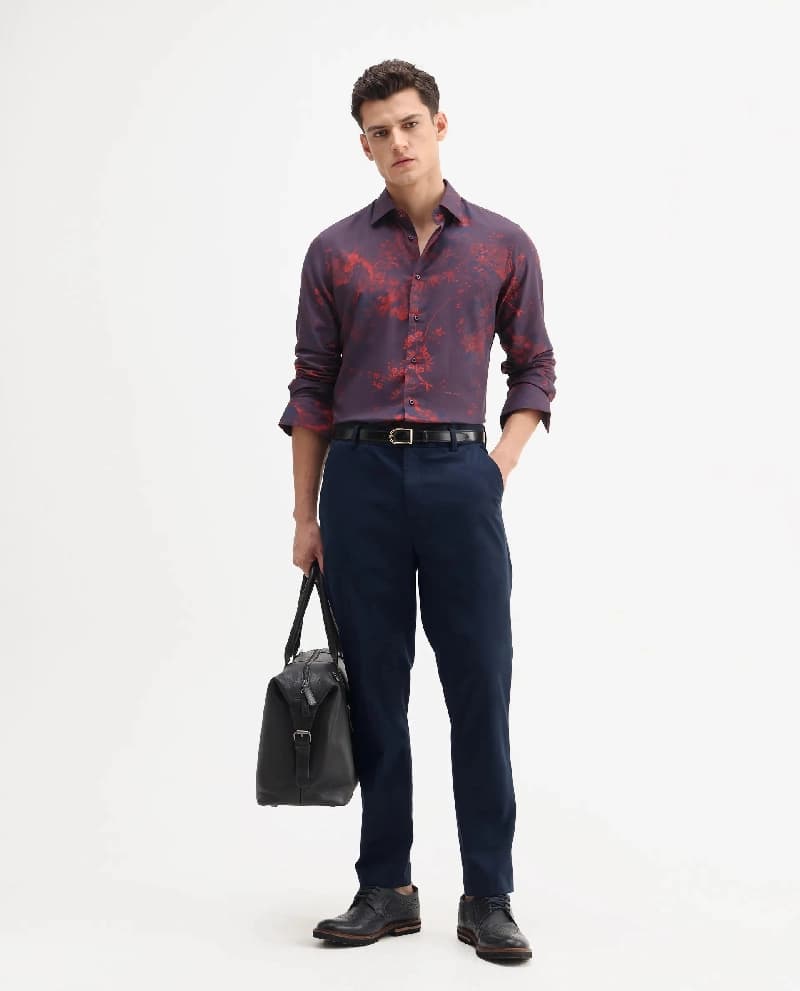 Men's Navy Casual Solid Regular Fit Trouser