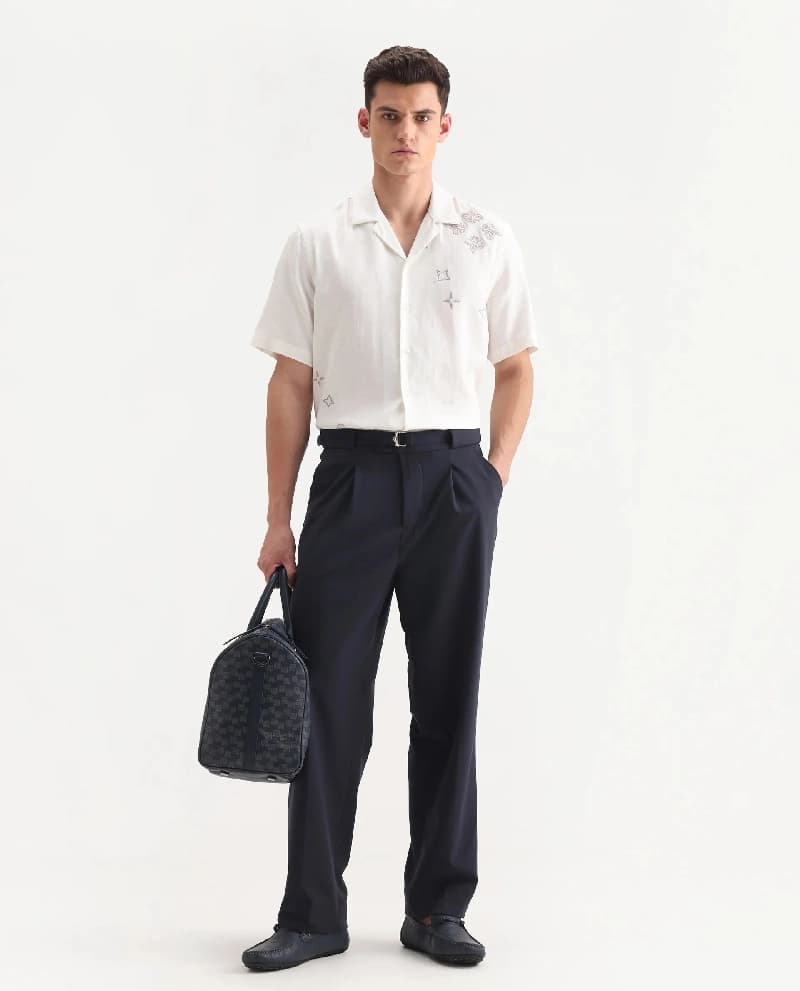 Men's Navy Casual Solid Wide Leg Trouser