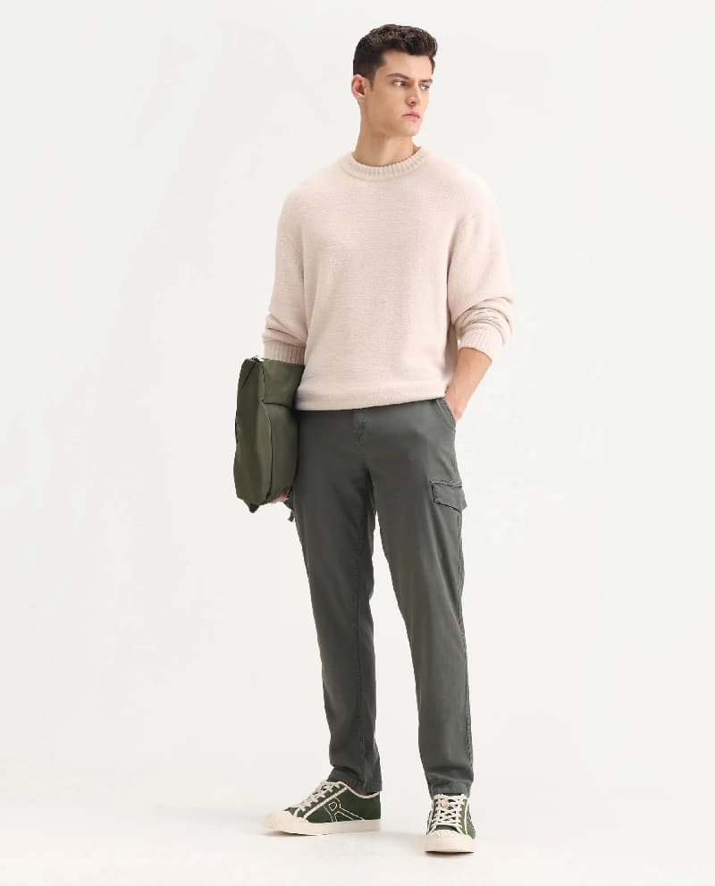 Men's Green Casual Solid Regular Fit Trouser