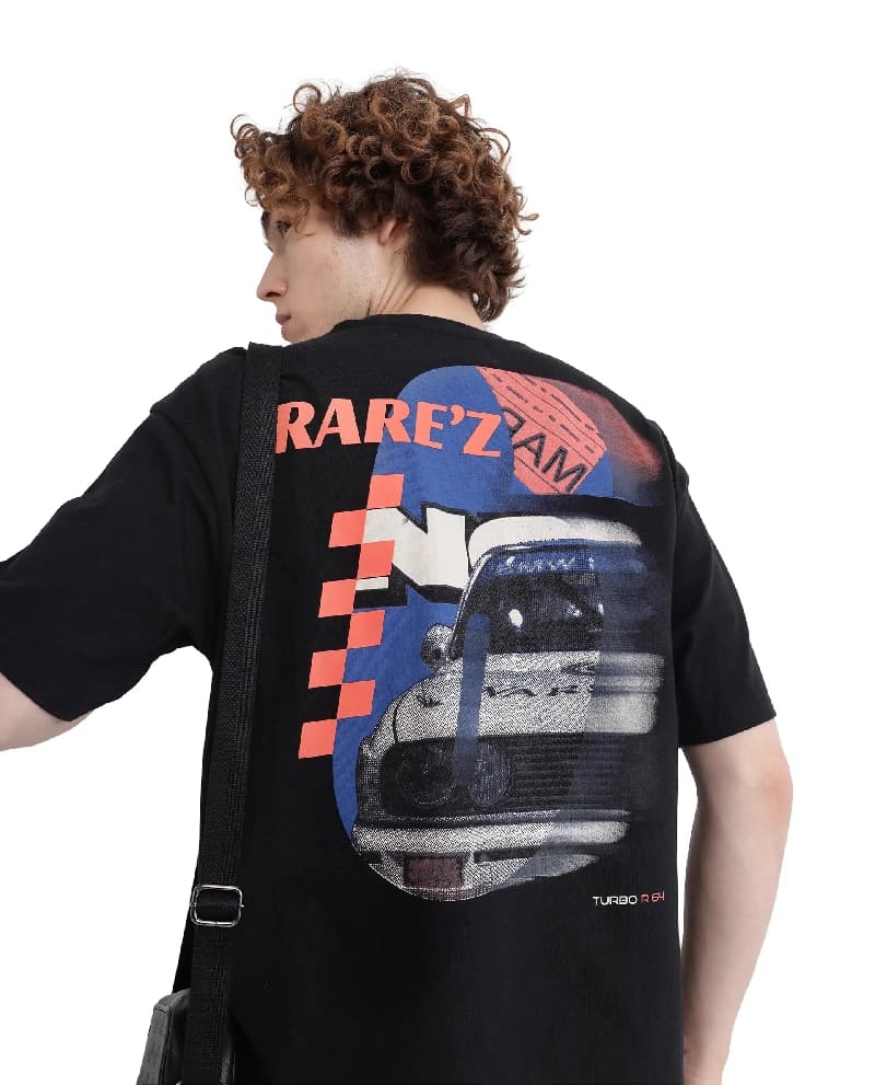 Men's Black Casual Printed Oversized Fit Tshirt