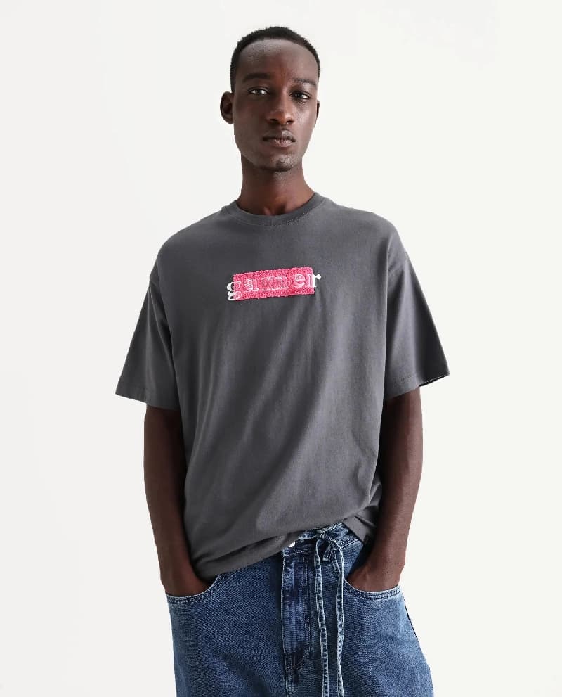 Men's Grey Casual Self-Design Oversized Fit Tshirt