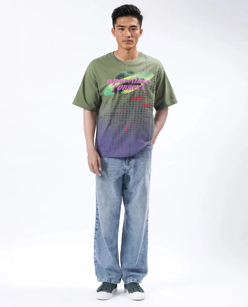 Men's Green Casual Printed Oversized Fit Tshirt