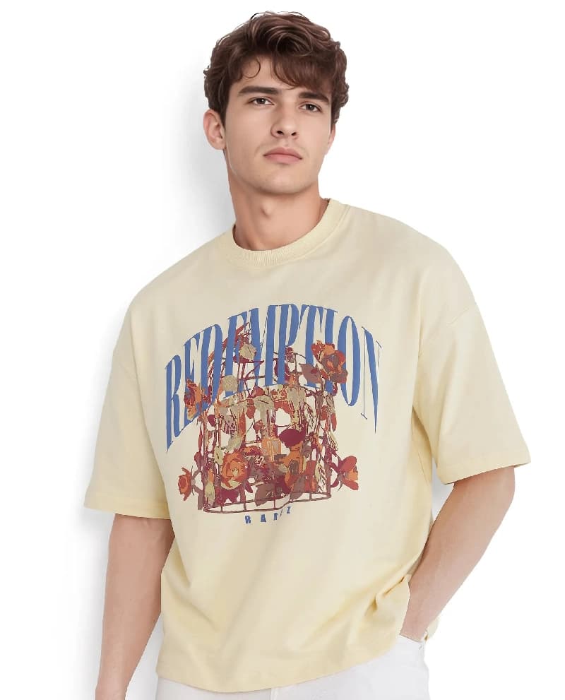 Men's Yellow Casual Printed Oversized Fit Tshirt