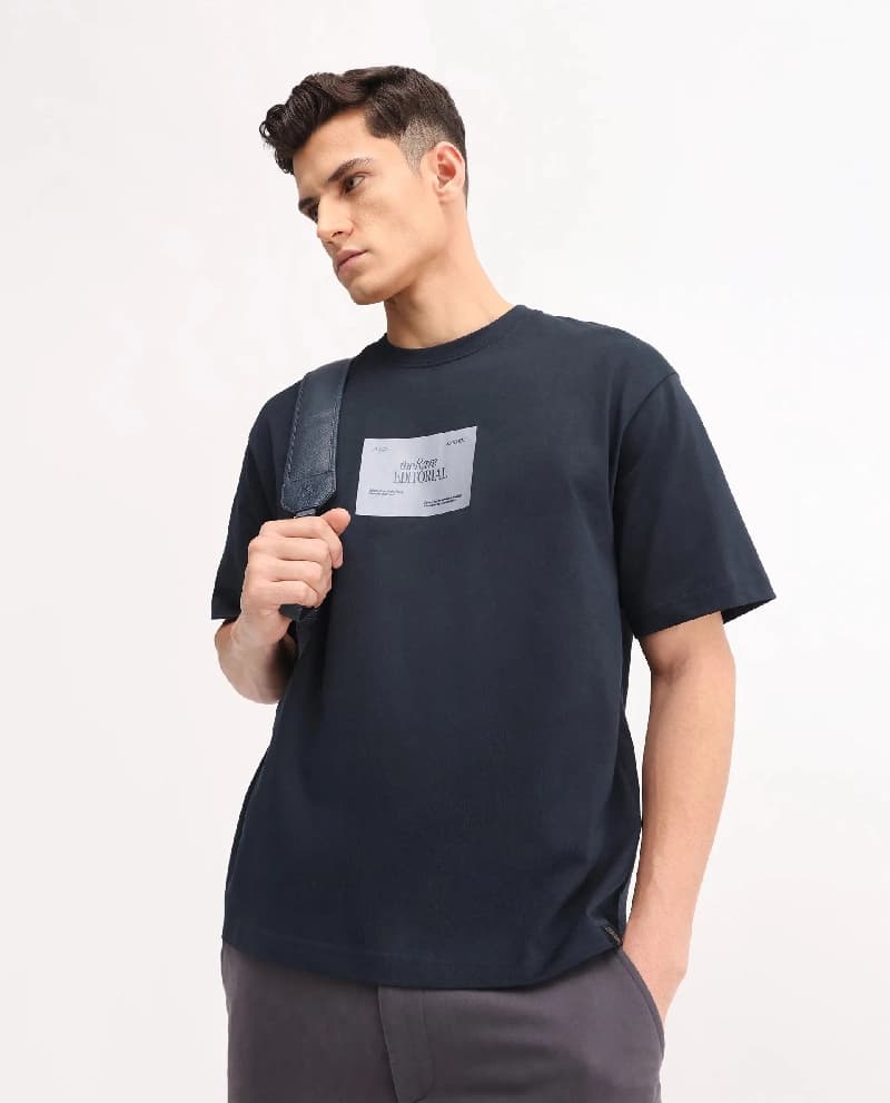 Men's Navy Casual Printed Oversized Fit Tshirt