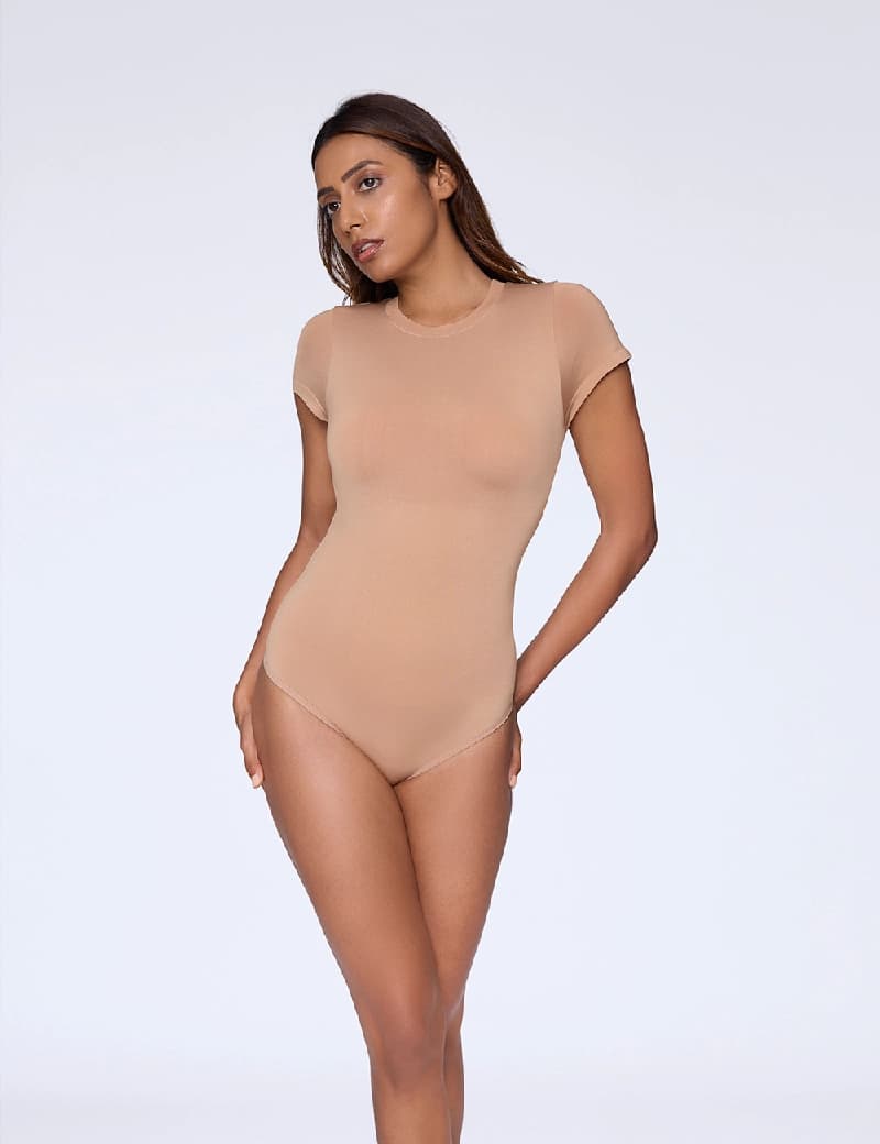 Women's Beige Sports Solid Bodysuit