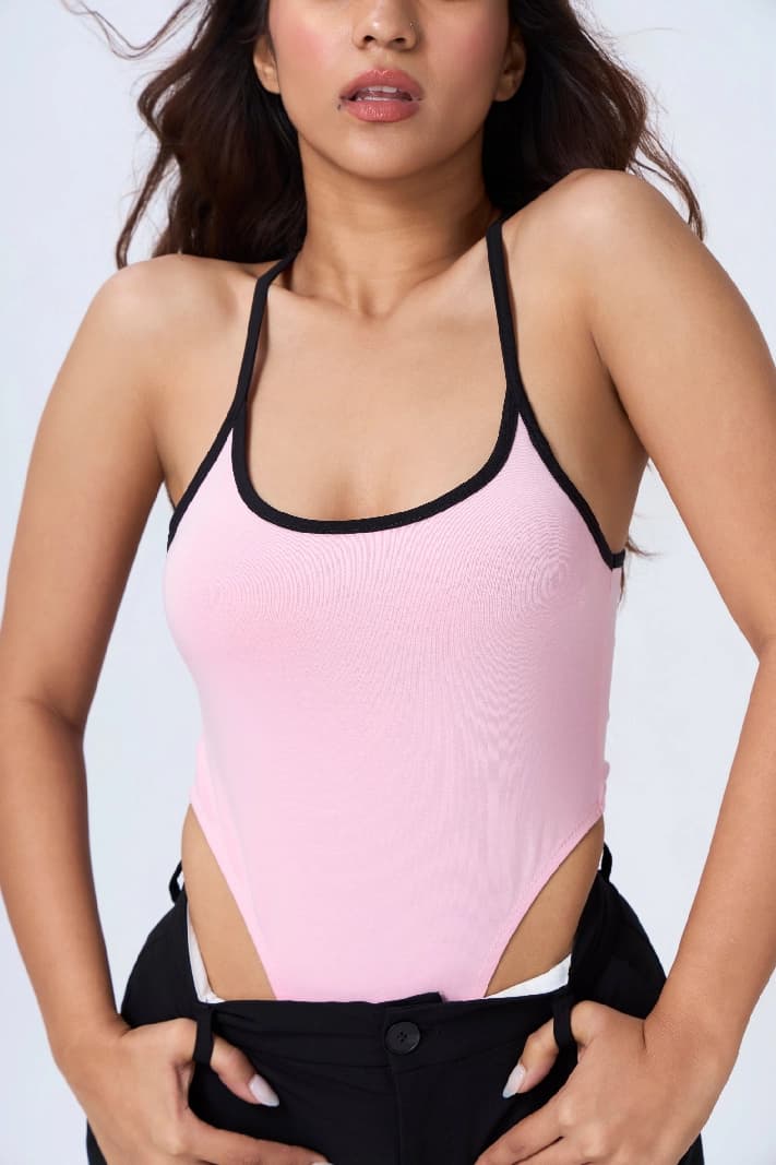 Women's Pink Casual Solid Slim Fit Bodysuit
