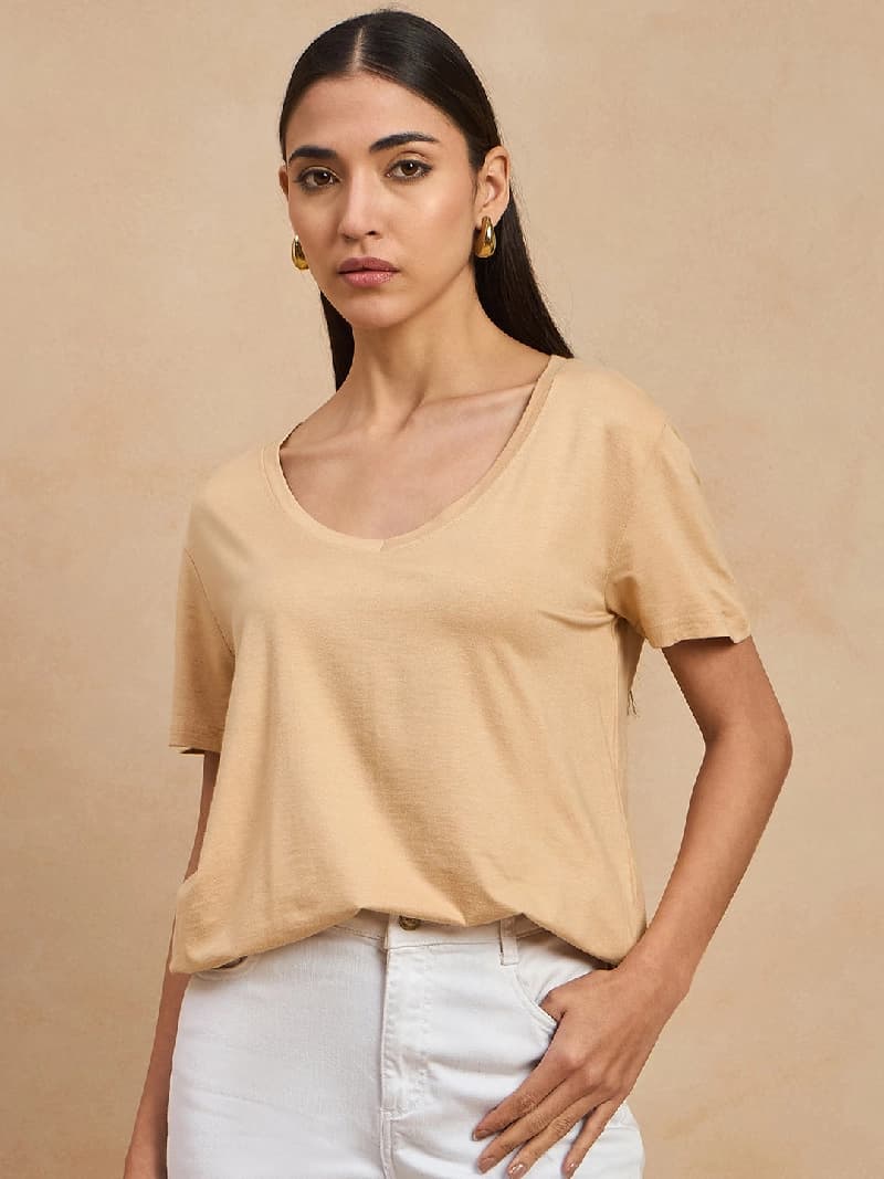 Women's Beige Casual Solid Regular Fit Tshirt