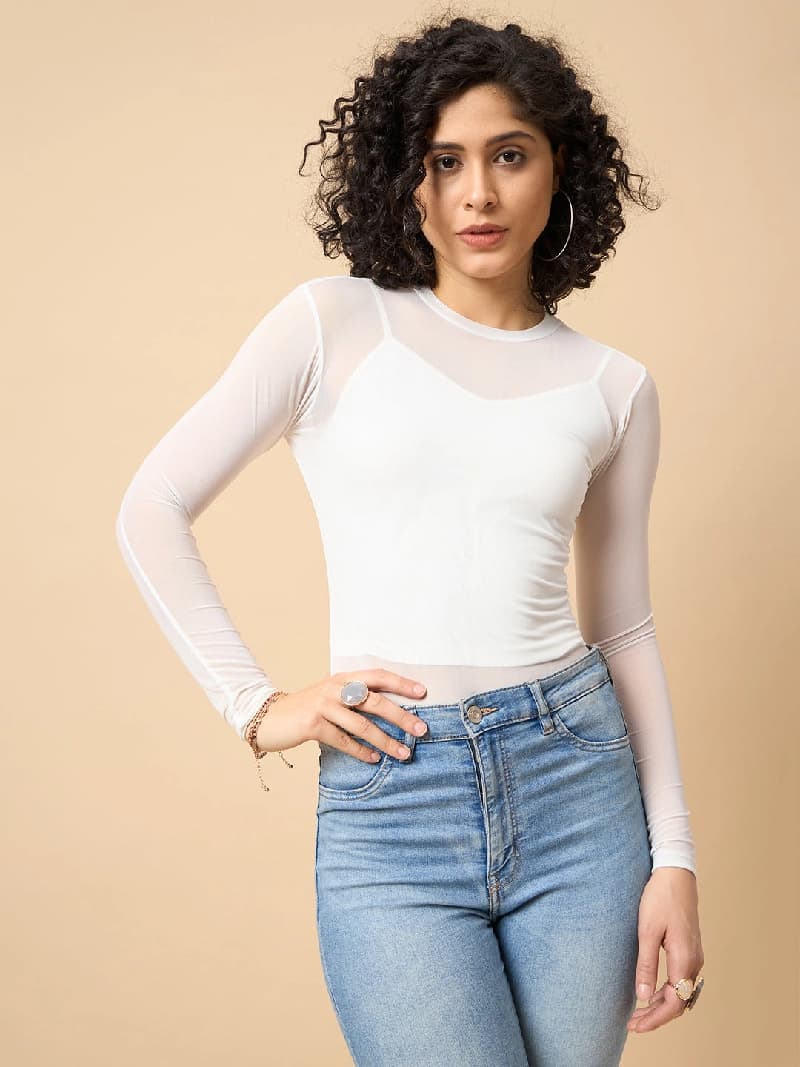 Women's White Casual Solid Slim Fit Bodysuit