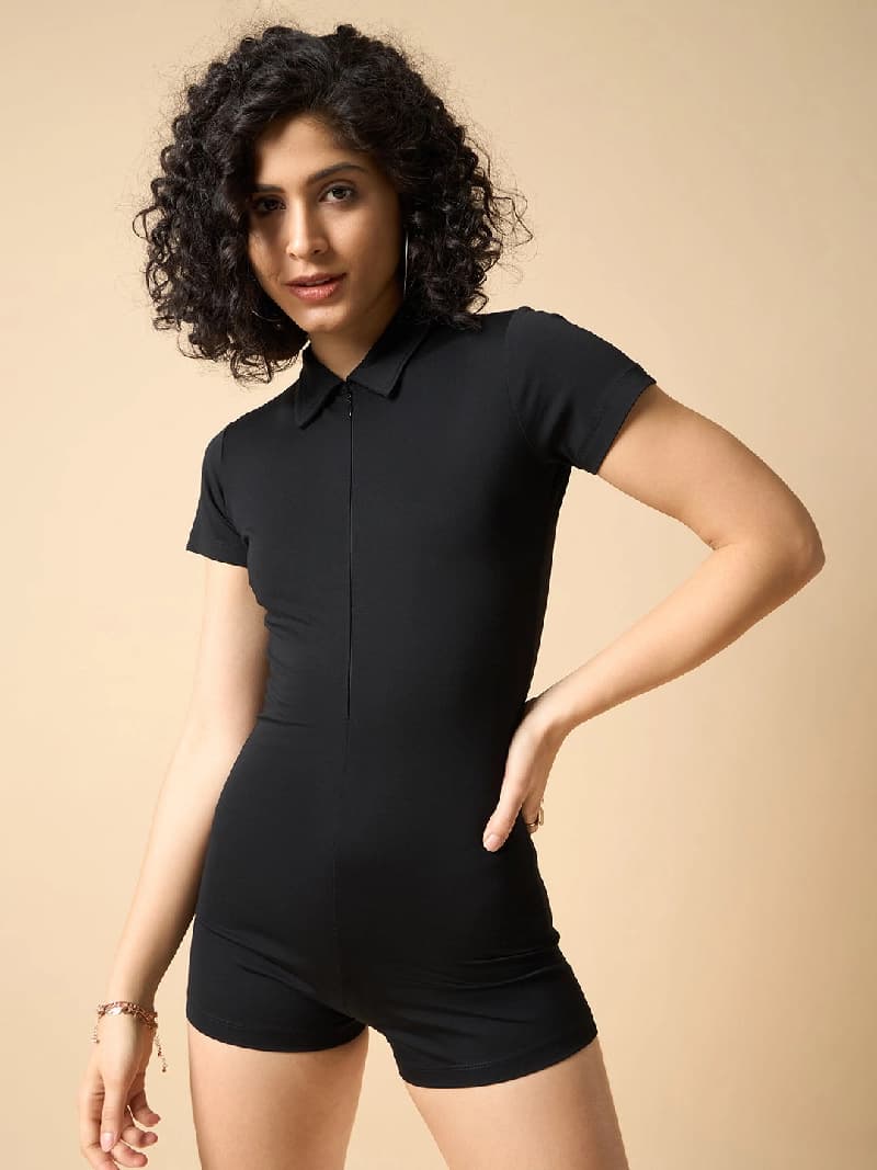 Women's Black Casual Solid Slim Fit Bodysuit