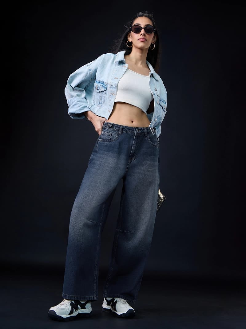 Women's Blue Casual Solid Oversized Fit Jeans