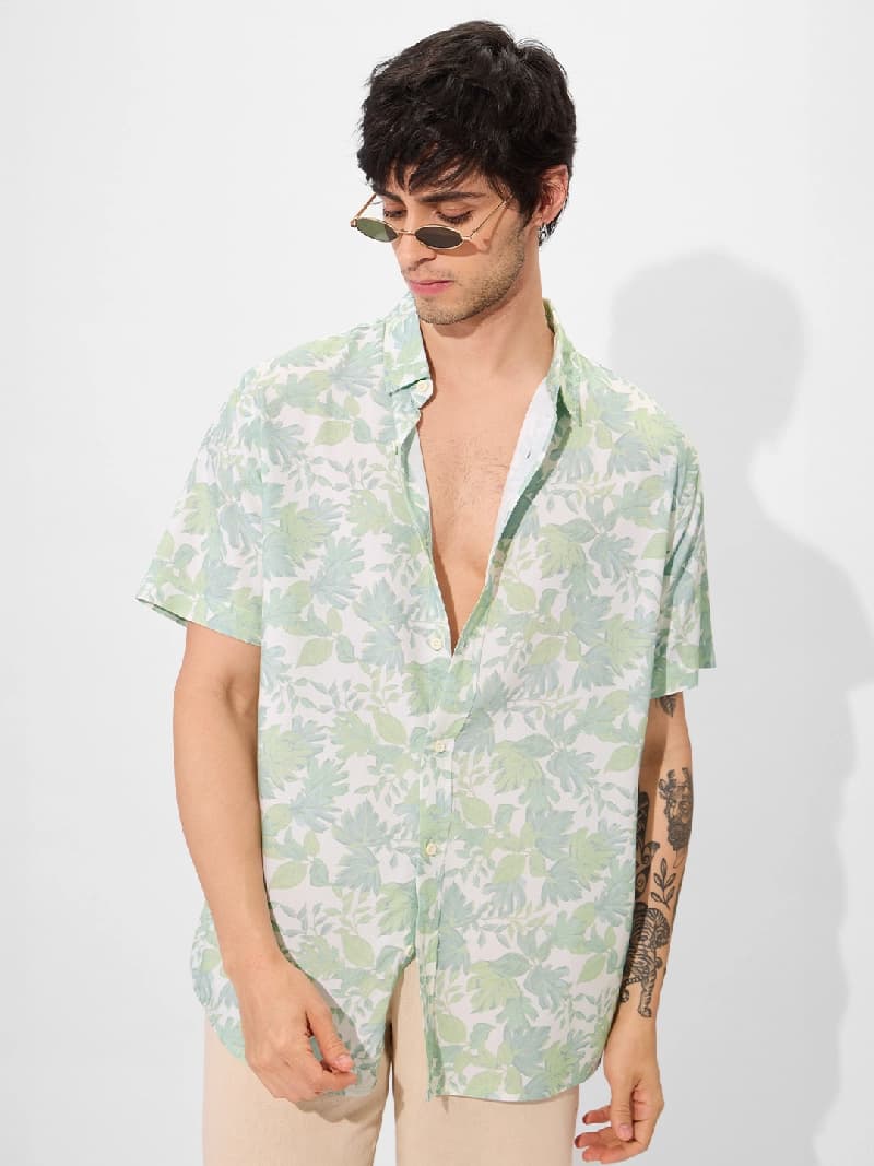 Men's White Casual Printed Regular Fit Shirt