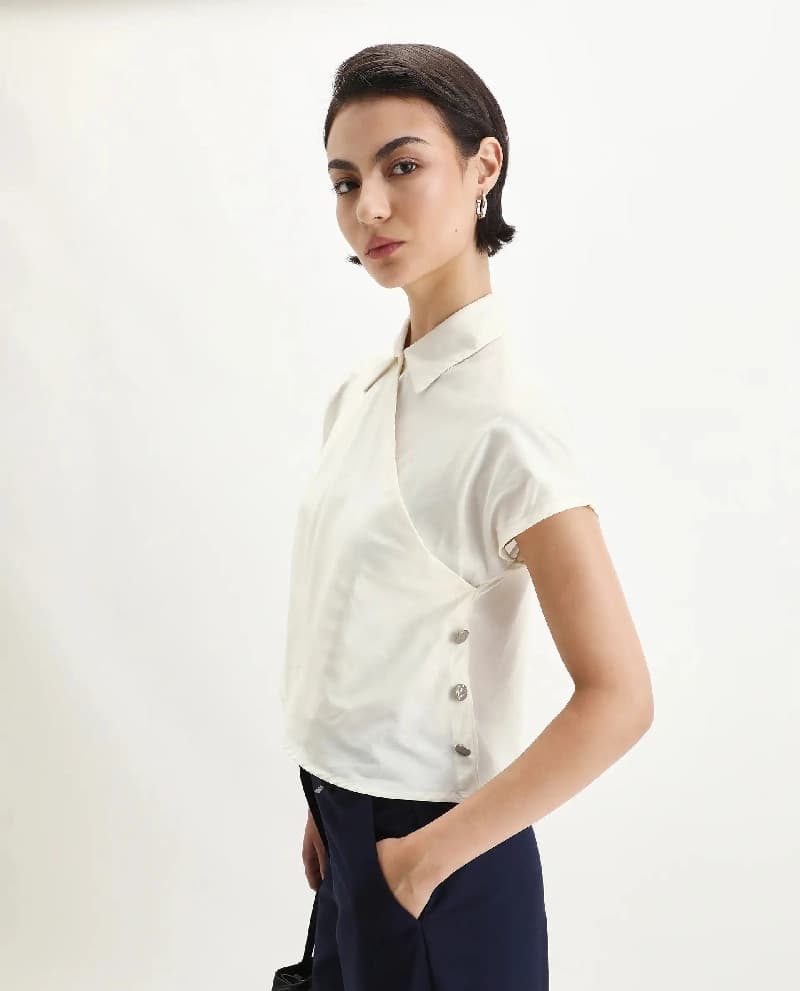 Women's Off White Casual Solid Regular Fit Top