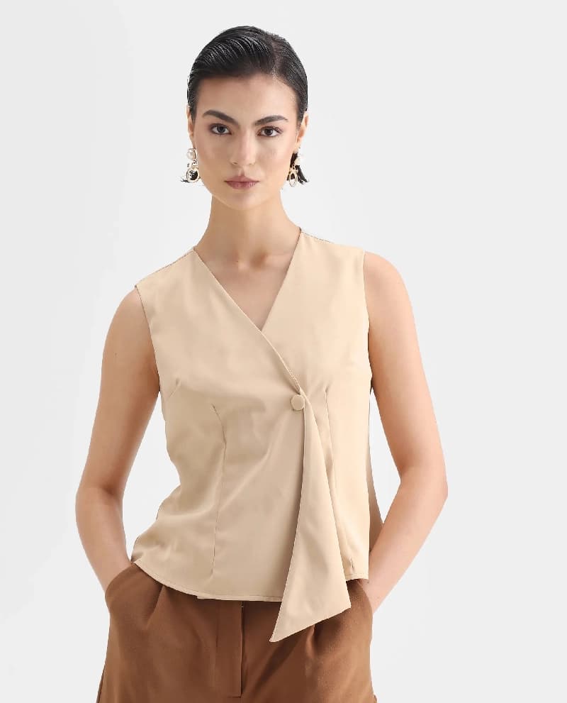 Women's Beige Formal Solid Regular Fit Top