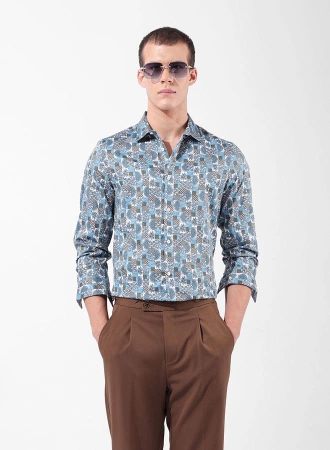 Men's Blue Casual Printed Slim Fit Shirt